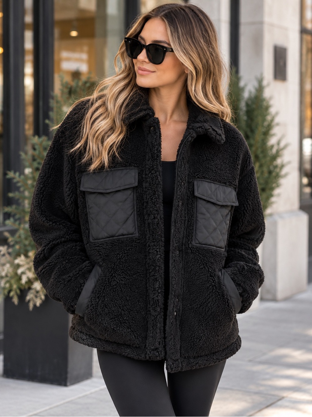 ALO Sherpa Edge Shacket Black XXS U4029R Quilted Pockets Teddy Jacket